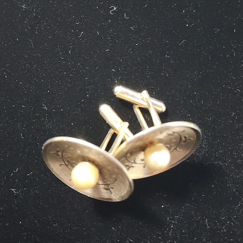 Vintage Sarah Coventry Gold Tone Faux Pearl Floral Etched Concave Cufflinks SC